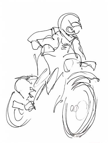 Pen and ink drawing of a motocross, dirt bike rider.